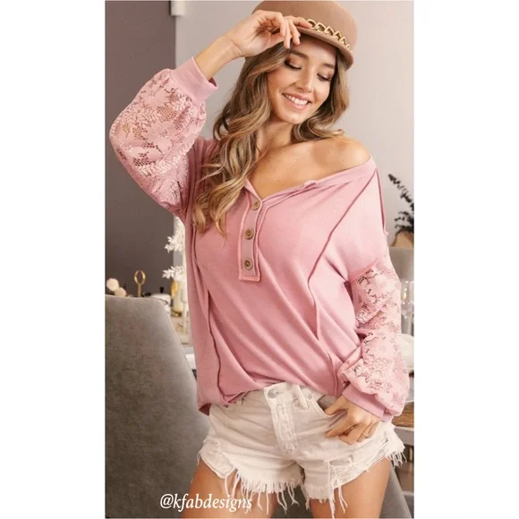 LAST! Button Henley Style Dusty Rose Floral Lace Sleeve Top! - Picture 2 of 13